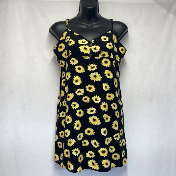 URBAN OUTFITTERS Sunflower Spaghetti Strap Mini Dress Women Medium Black Yellow - Picture 1 of 12